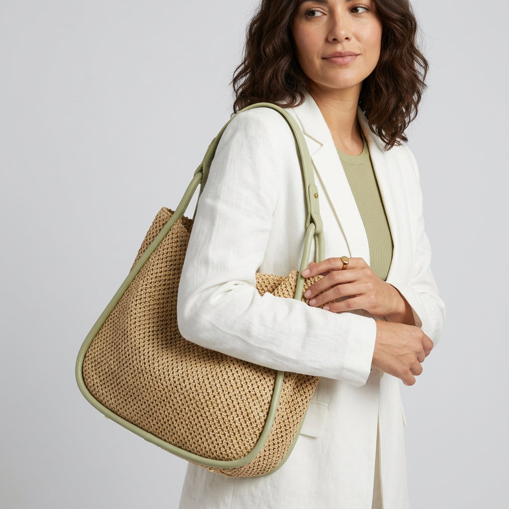 Quiro Celeste Straw Tote Bag – PU Leather Trim for Chic Summer Carry