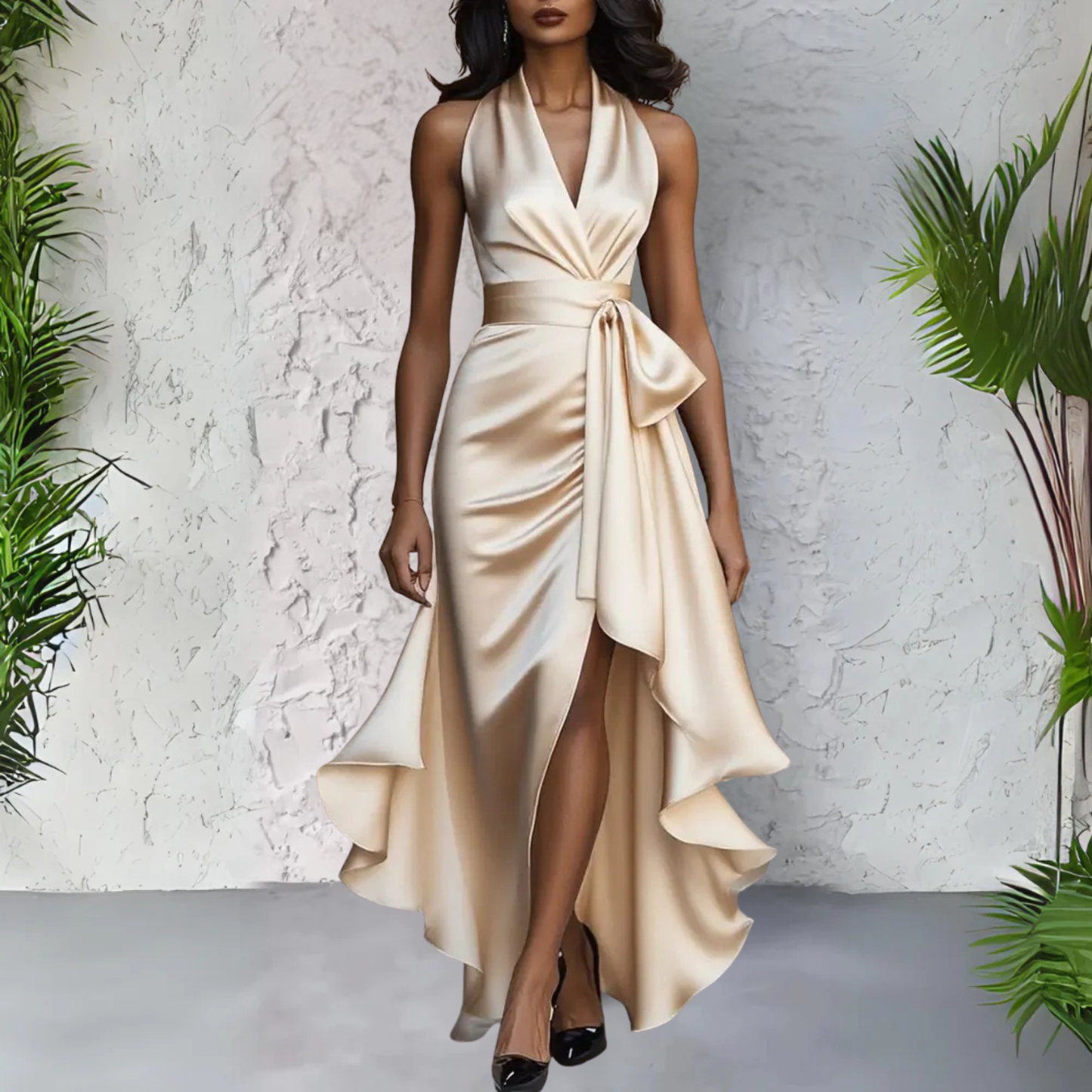 Quiro Audrey Halter-Neck Cocktail Dress – Wrap Waist & High-Low Hem for Evenings