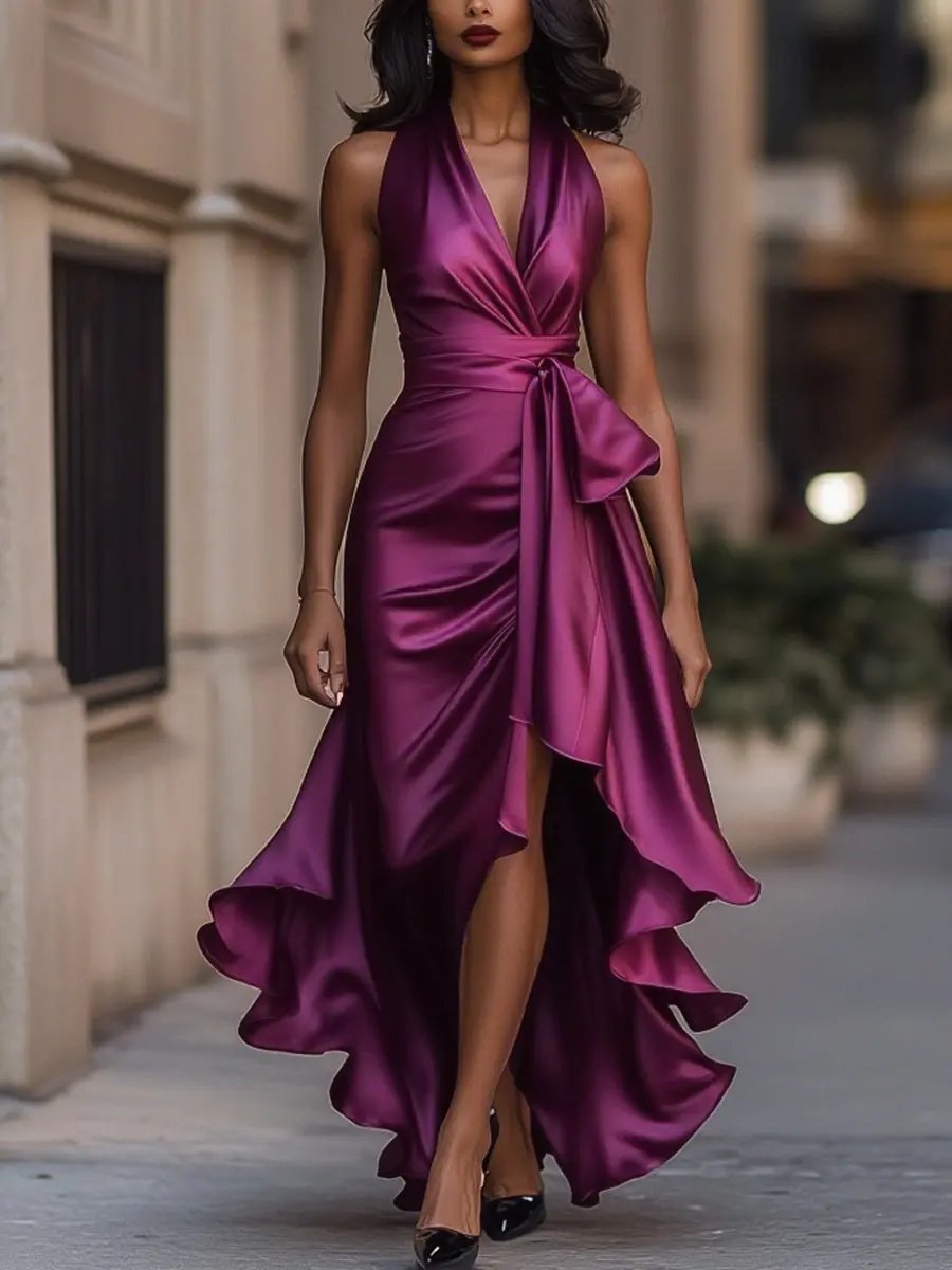 Quiro Audrey Halter-Neck Cocktail Dress – Wrap Waist & High-Low Hem for Evenings