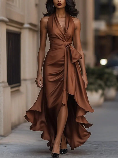 Quiro Audrey Halter-Neck Cocktail Dress – Wrap Waist & High-Low Hem for Evenings