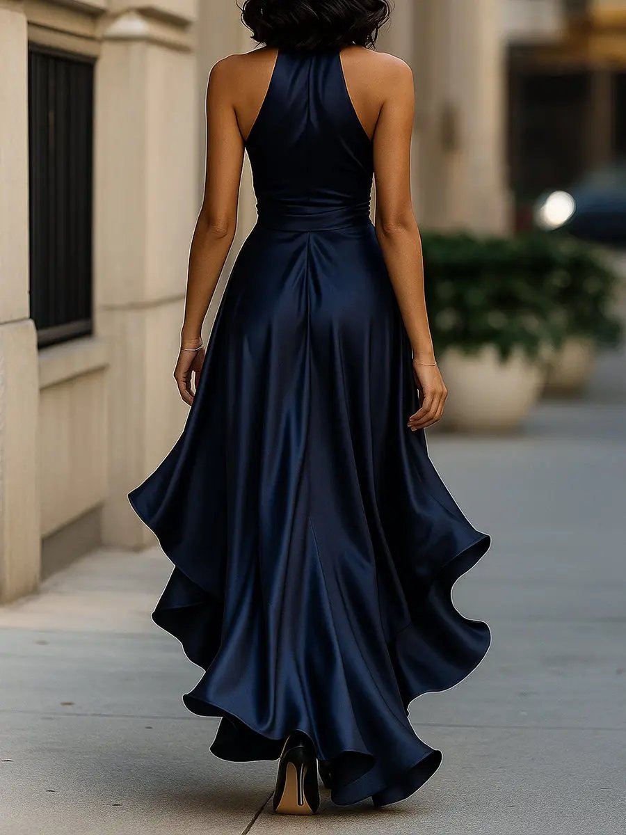 Quiro Audrey Halter-Neck Cocktail Dress – Wrap Waist & High-Low Hem for Evenings