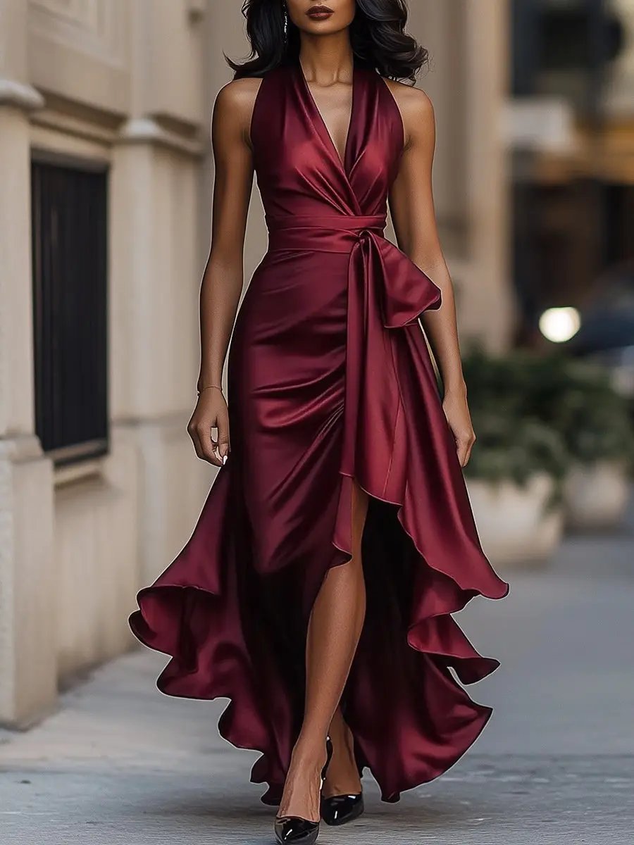 Quiro Audrey Halter-Neck Cocktail Dress – Wrap Waist & High-Low Hem for Evenings