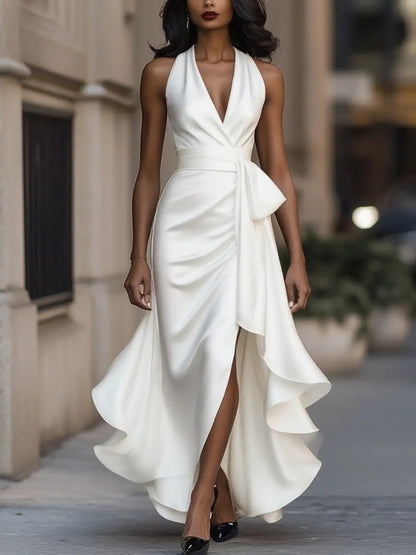 Quiro Audrey Halter-Neck Cocktail Dress – Wrap Waist & High-Low Hem for Evenings