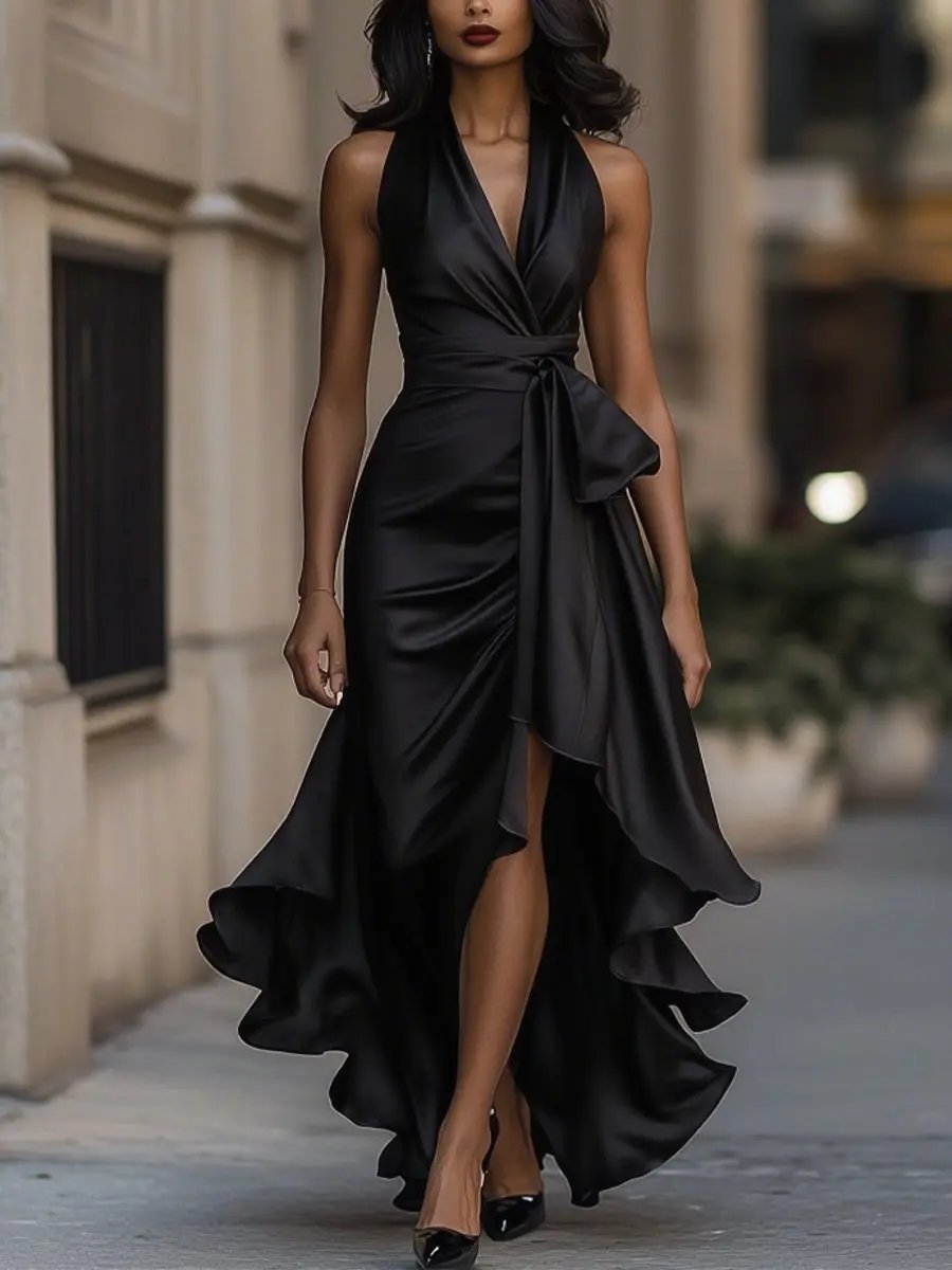 Quiro Audrey Halter-Neck Cocktail Dress – Wrap Waist & High-Low Hem for Evenings