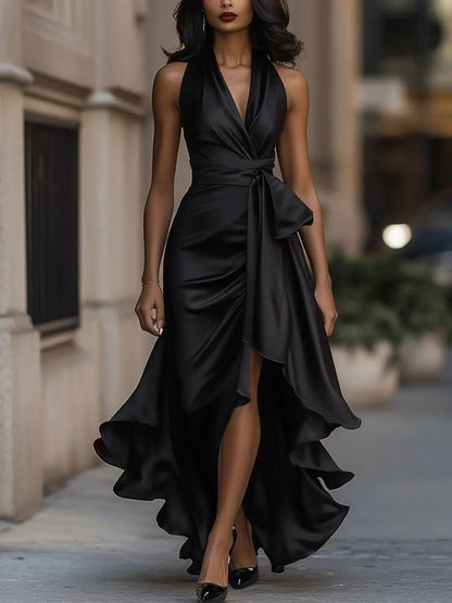 Quiro Audrey Halter-Neck Cocktail Dress – Wrap Waist & High-Low Hem for Evenings