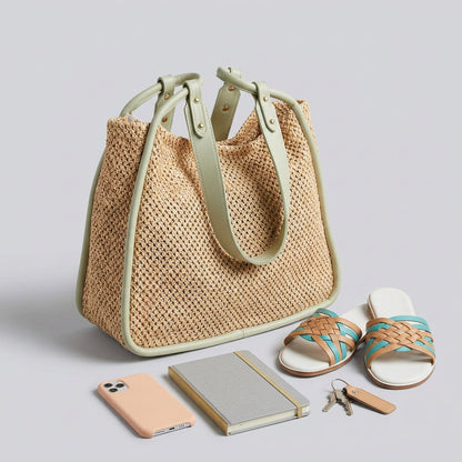 Quiro Celeste Straw Tote Bag – PU Leather Trim for Chic Summer Carry