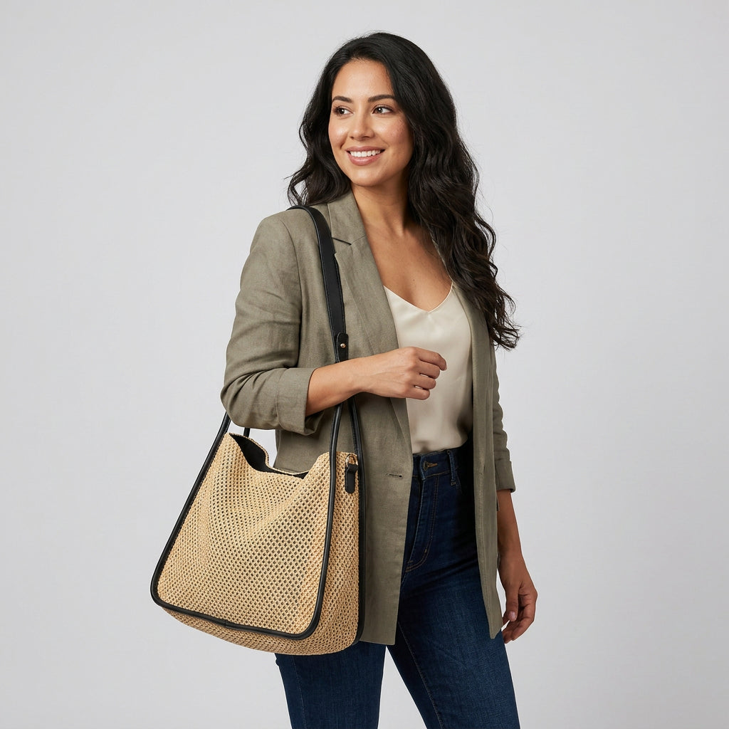 Quiro Celeste Straw Tote Bag – PU Leather Trim for Chic Summer Carry