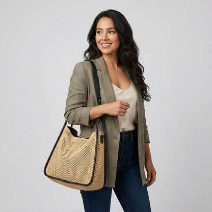 Quiro Celeste Straw Tote Bag – PU Leather Trim for Chic Summer Carry
