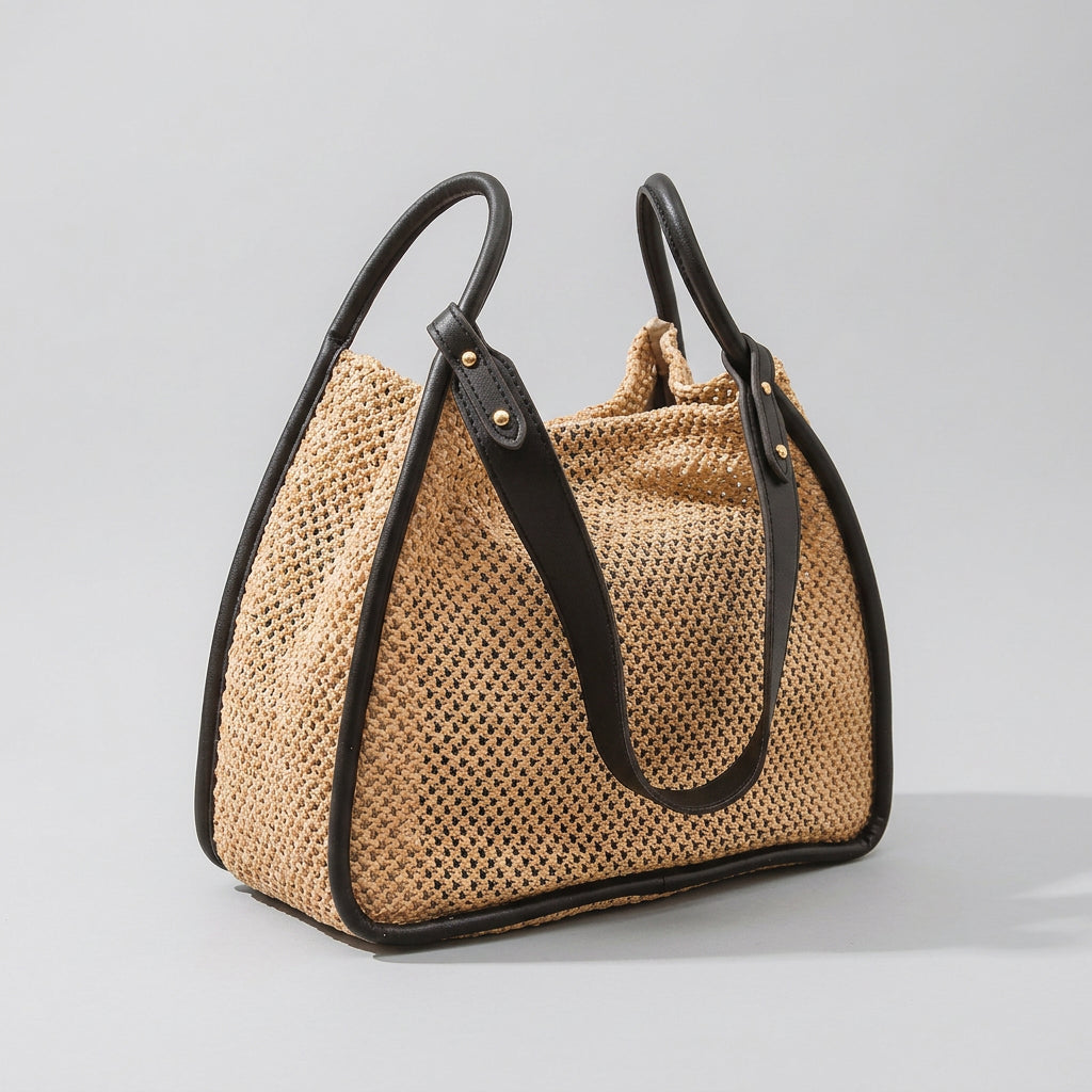 Quiro Celeste Straw Tote Bag – PU Leather Trim for Chic Summer Carry