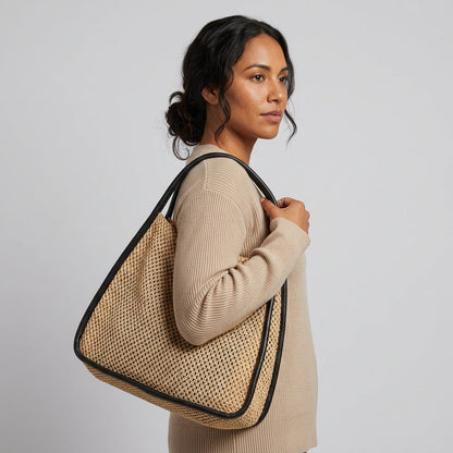 Quiro Celeste Straw Tote Bag – PU Leather Trim for Chic Summer Carry