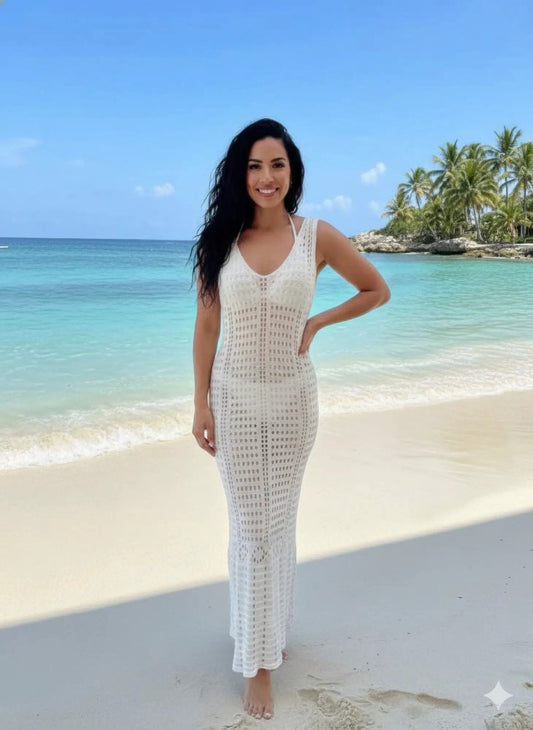 Quiro Crochet Maxi Beach Dress Cover-Up – Long Open-Knit Style for Swimwear