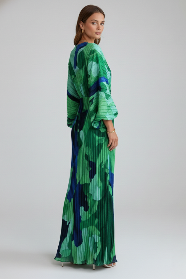 Quiro Printed Long Dress with V-Neck & Pleated Finish – Side Slit Resort Style