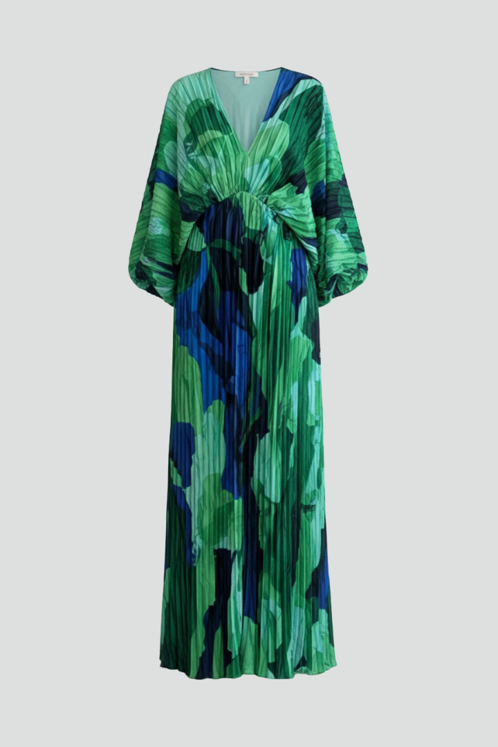 Quiro Printed Long Dress with V-Neck & Pleated Finish – Side Slit Resort Style