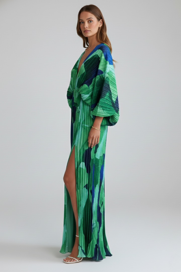 Quiro Printed Long Dress with V-Neck & Pleated Finish – Side Slit Resort Style