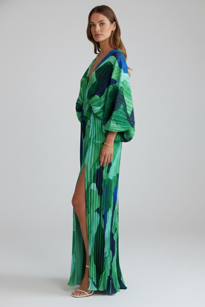 Quiro Printed Long Dress with V-Neck & Pleated Finish – Side Slit Resort Style