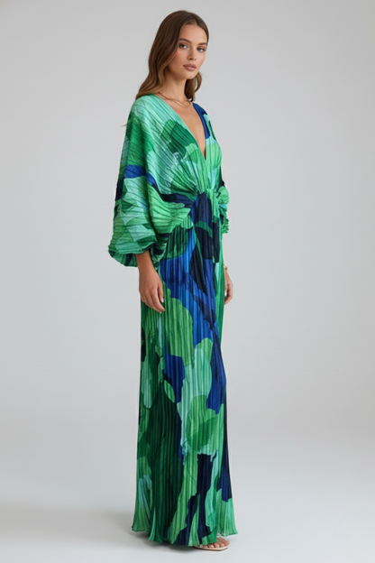 Quiro Printed Long Dress with V-Neck & Pleated Finish – Side Slit Resort Style