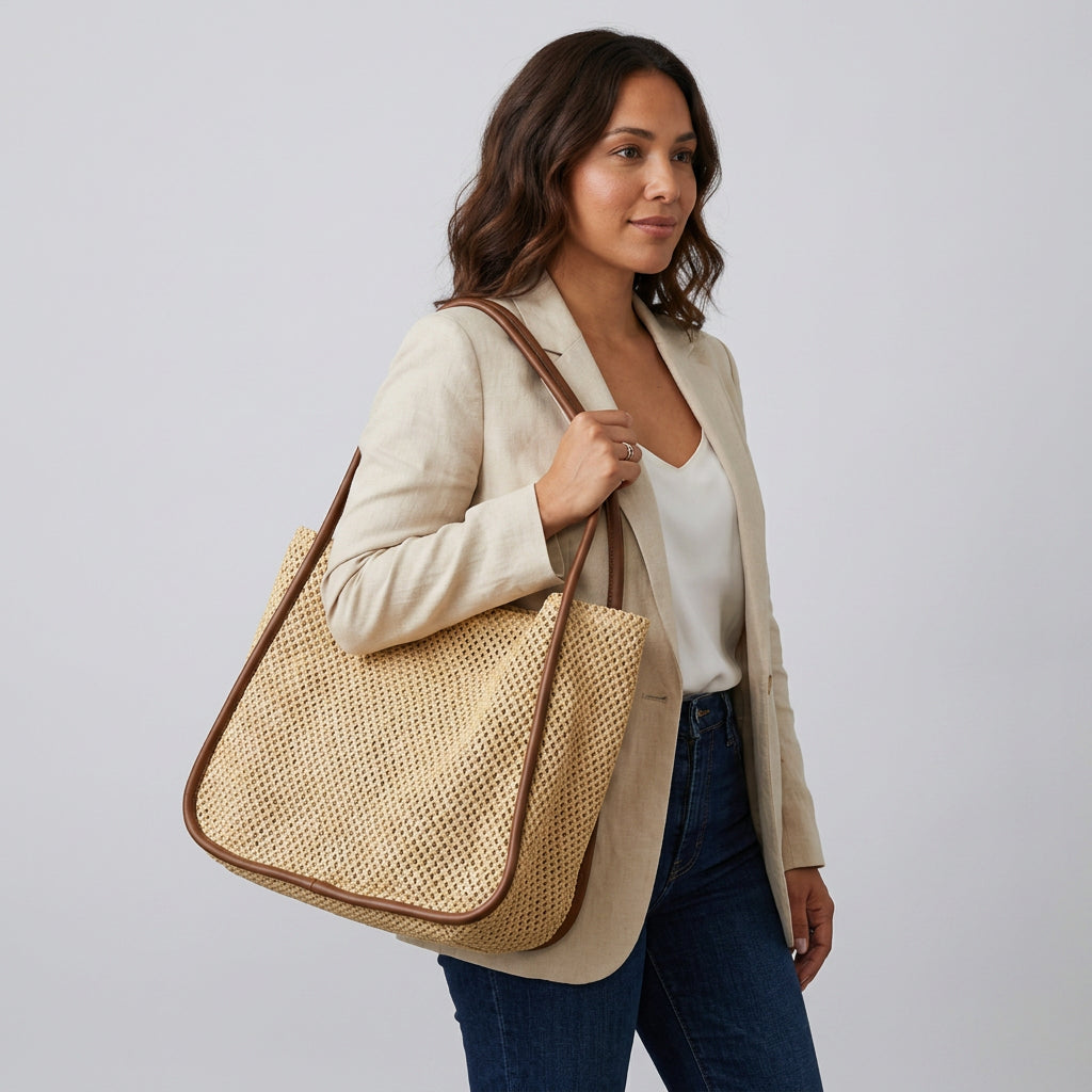 Quiro Celeste Straw Tote Bag – PU Leather Trim for Chic Summer Carry