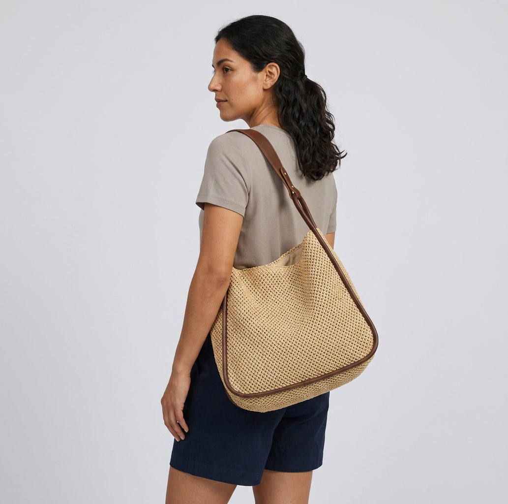 Quiro Celeste Straw Tote Bag – PU Leather Trim for Chic Summer Carry