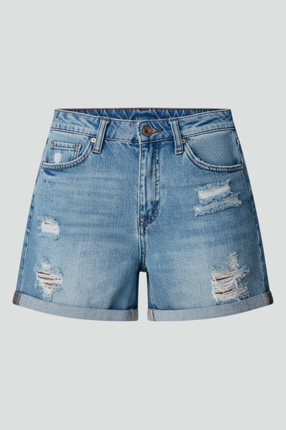 Quiro Distressed Denim Shorts – Fringed Hem High-Rise Fit for Summer