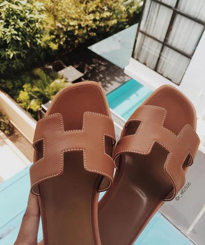 Quiro Leather Slip-On Sandals – Elegant H-Strap Low-Heel Summer Casual