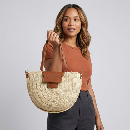 Quiro Elodie Canvas Tote Bag – Straw & PU Leather Trim Summer Carryall