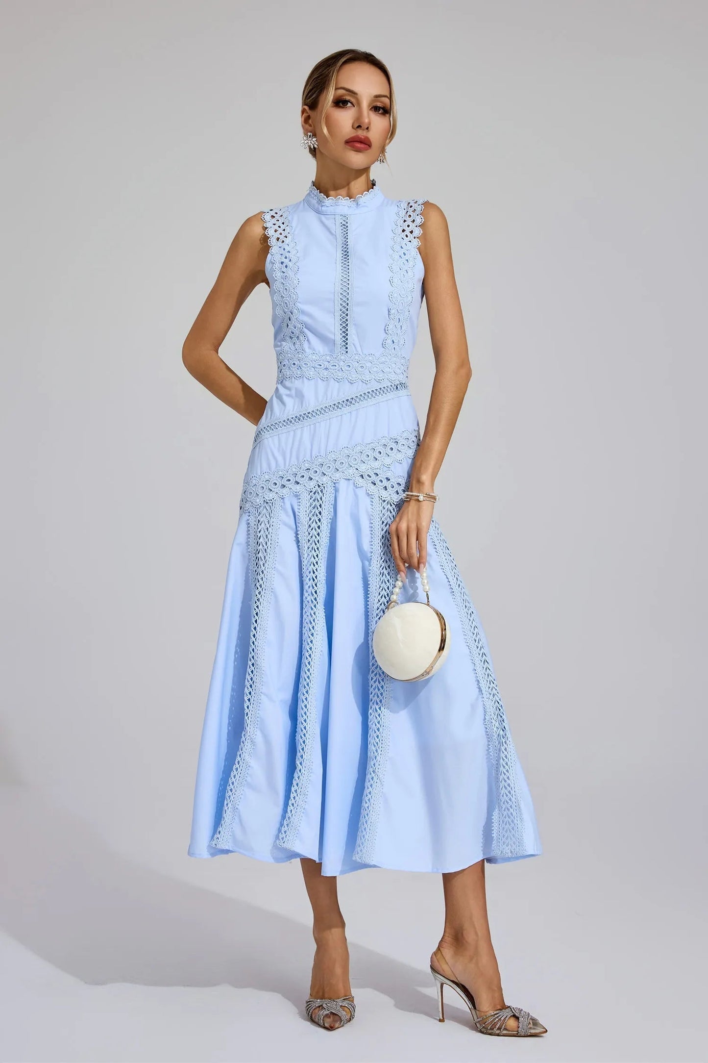 Quiro Madison Lace Midi Dress – Elegant Sleeveless Fit for Weddings & Events