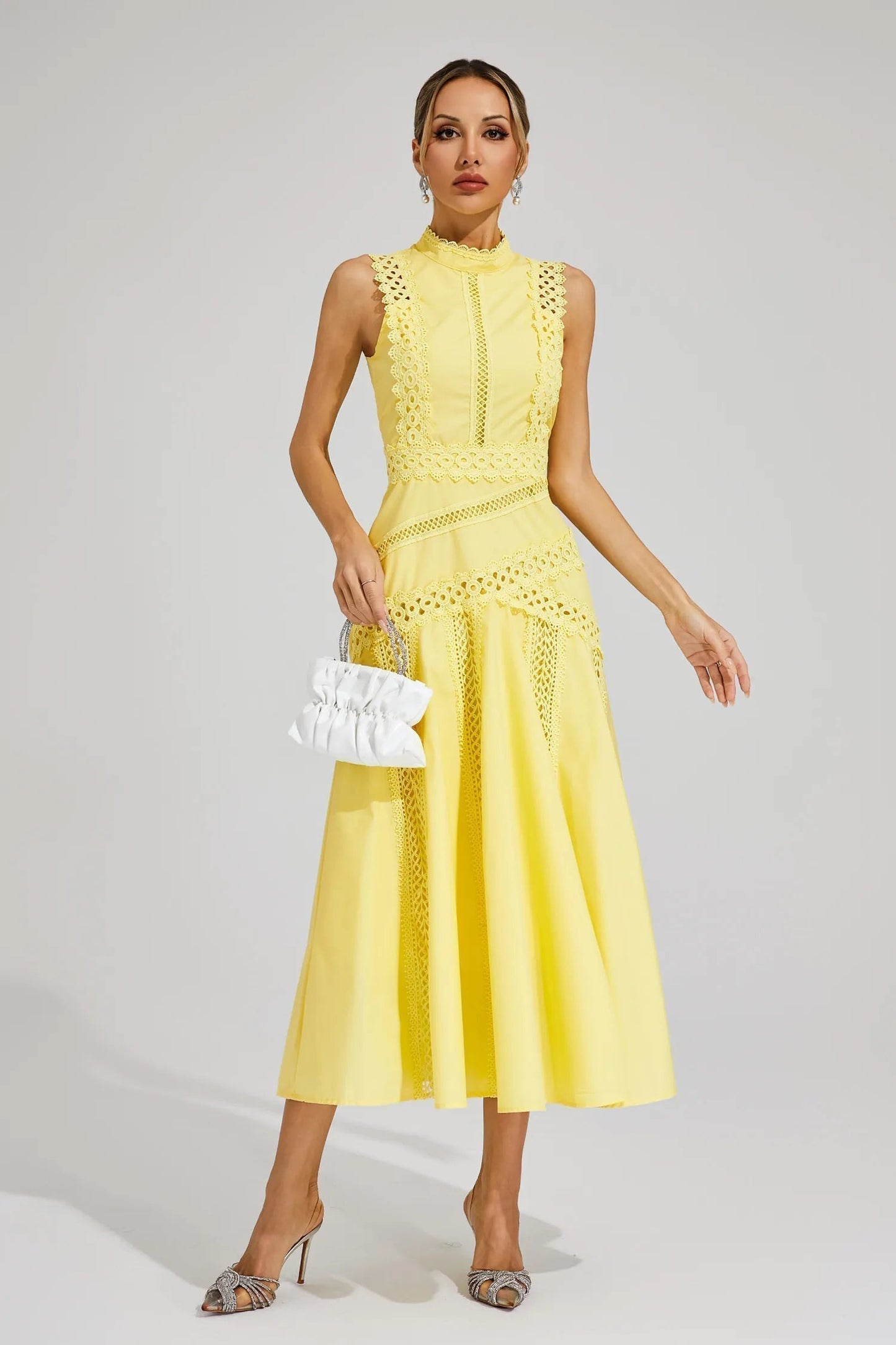 Quiro Madison Lace Midi Dress – Elegant Sleeveless Fit for Weddings & Events
