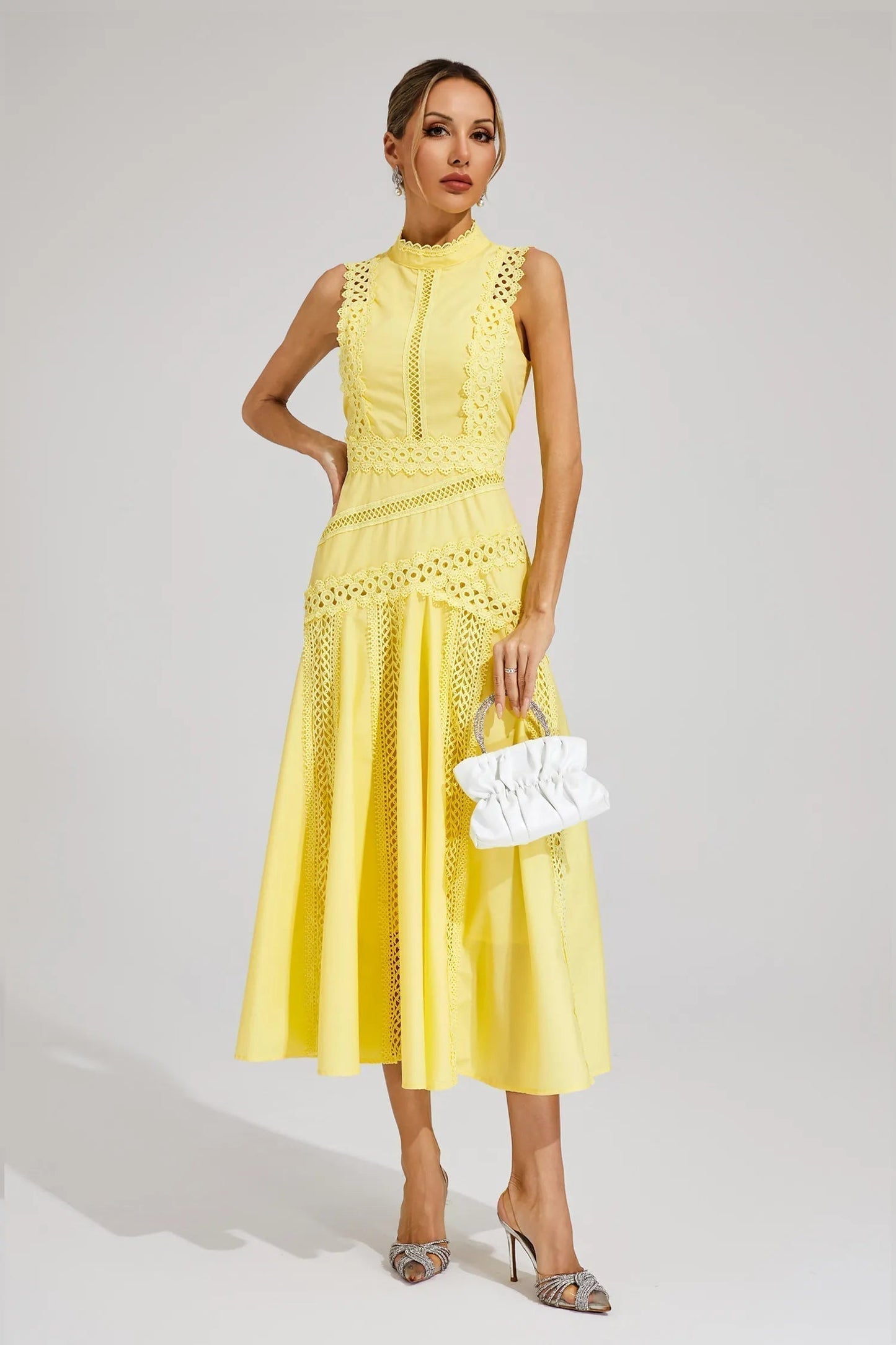 Quiro Madison Lace Midi Dress – Elegant Sleeveless Fit for Weddings & Events