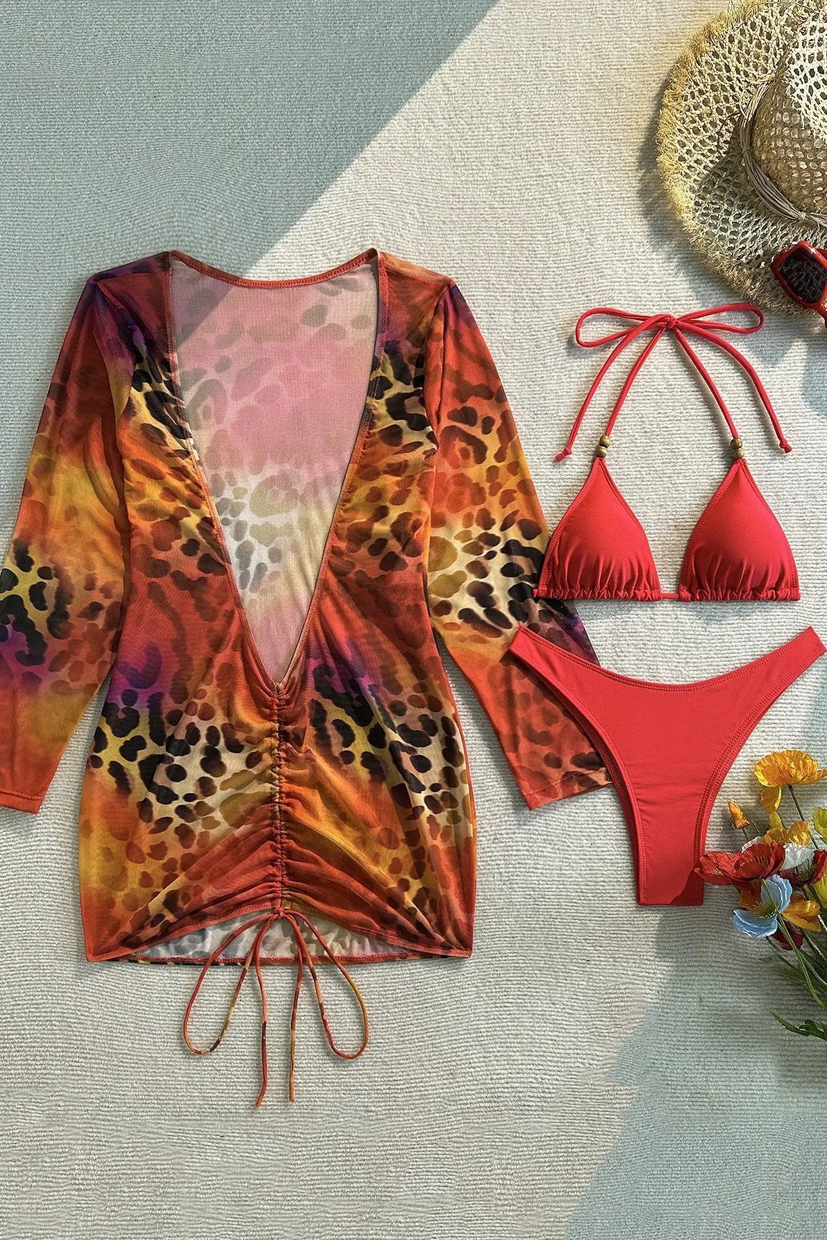 Quiro Red Animal-Print 3-Pc Swimsuit Cover-Up Set – Plunging V-Neck, Cheeky Fit