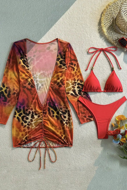 Quiro Red Animal-Print 3-Pc Swimsuit Cover-Up Set – Plunging V-Neck, Cheeky Fit