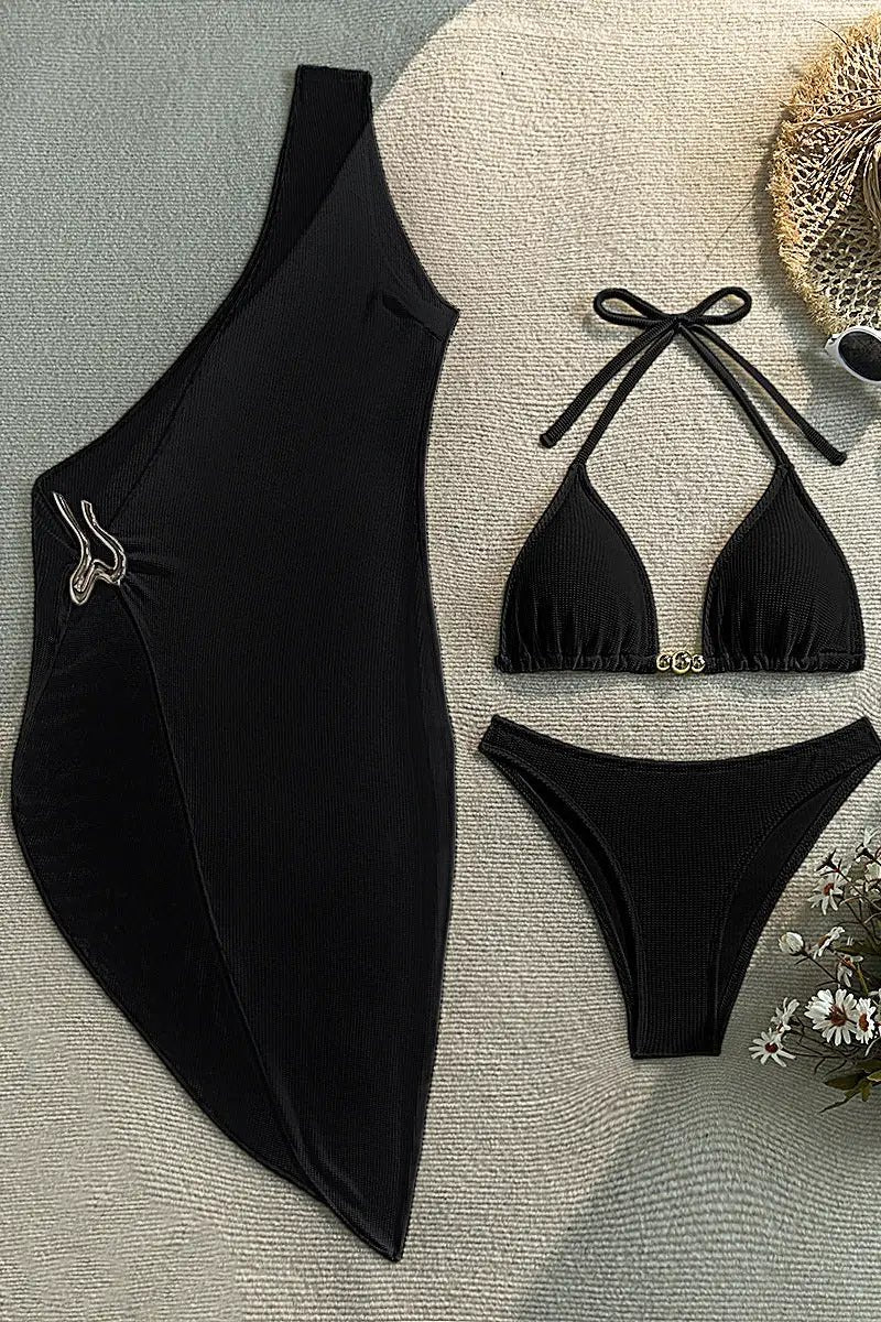 Quiro Black Textured 3-Pc Swimsuit Cover-Up Set – Asymmetrical Gold Decor