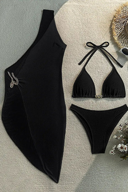 Quiro Black Textured 3-Pc Swimsuit Cover-Up Set – Asymmetrical Gold Decor