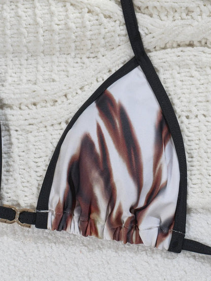 Quiro Brown Animal-Print 3-Pc Swimsuit Cover-Up Set – Gold Rhinestone Buckle