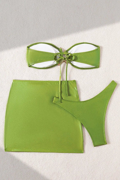 Quiro Green Shimmer 3-Pc Swimsuit Set – Bandeau Top, Cheeky Skirt Cover-Up