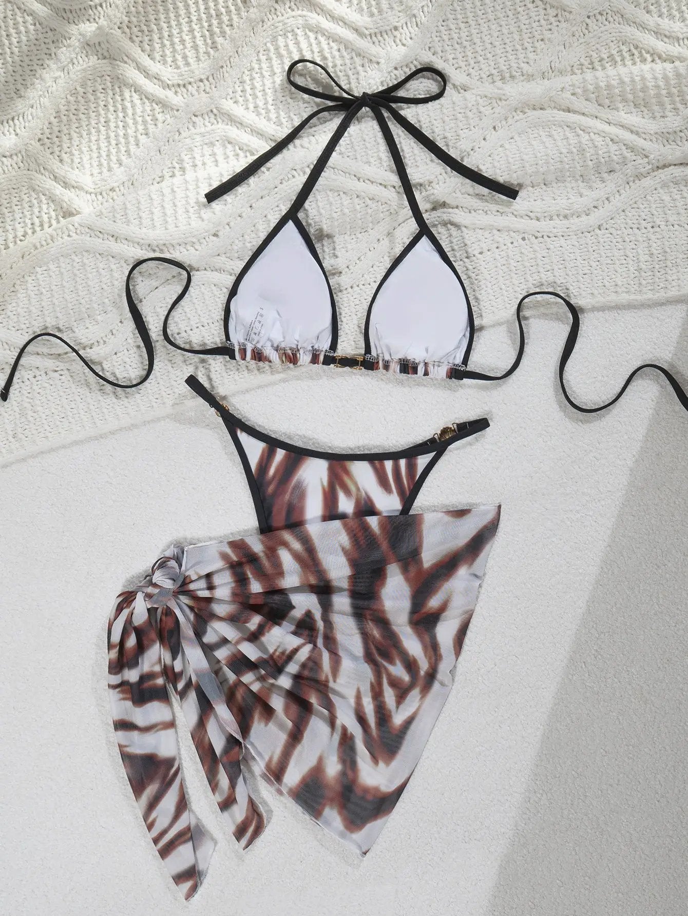 Quiro Brown Animal-Print 3-Pc Swimsuit Cover-Up Set – Gold Rhinestone Buckle