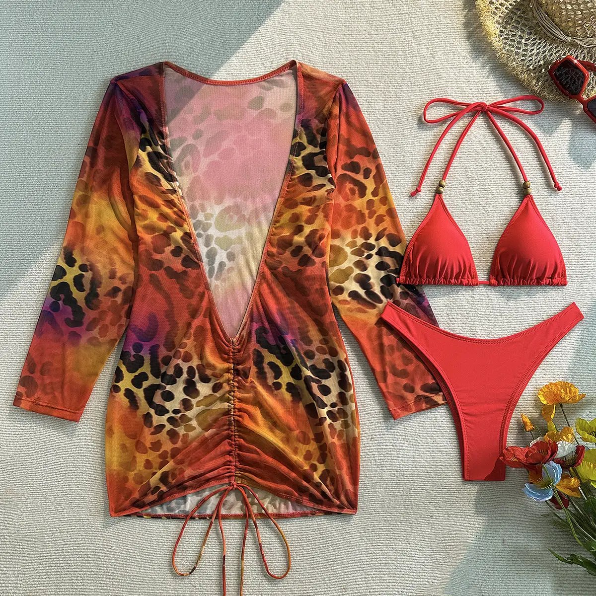 Quiro Red Animal-Print 3-Pc Swimsuit Cover-Up Set – Plunging V-Neck, Cheeky Fit