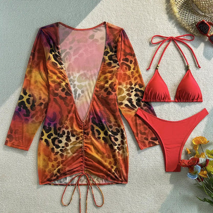 Quiro Red Animal-Print 3-Pc Swimsuit Cover-Up Set – Plunging V-Neck, Cheeky Fit