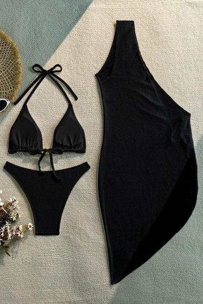 Quiro Black Textured 3-Pc Swimsuit Cover-Up Set – Asymmetrical Gold Decor
