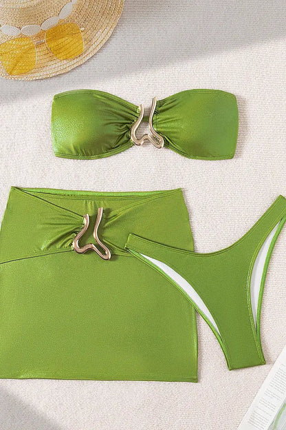 Quiro Green Shimmer 3-Pc Swimsuit Set – Bandeau Top, Cheeky Skirt Cover-Up