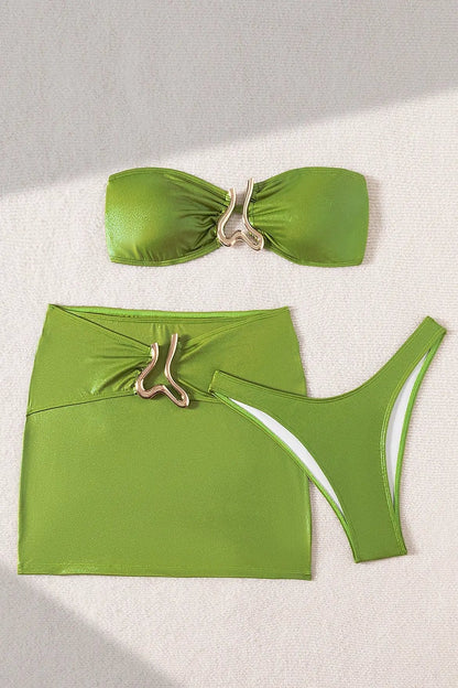 Quiro Green Shimmer 3-Pc Swimsuit Set – Bandeau Top, Cheeky Skirt Cover-Up