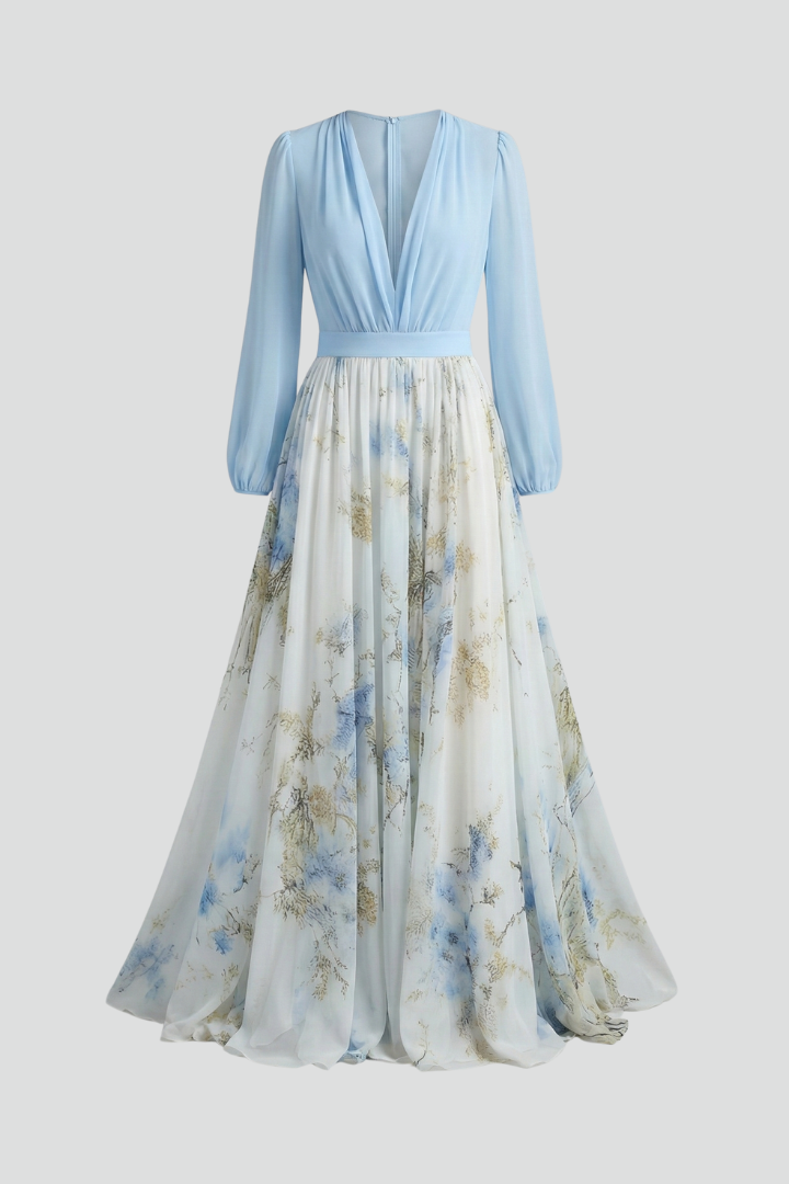Quiro Floral Maxi Dress – V-Neck Sheer Sleeves, Fitted Waist, Flowing