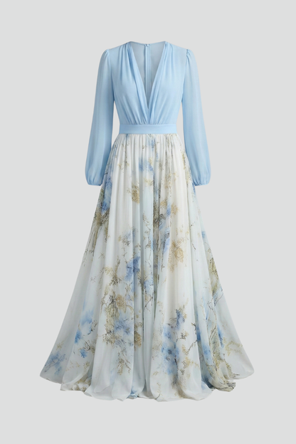 Quiro Floral Maxi Dress – V-Neck Sheer Sleeves, Fitted Waist, Flowing