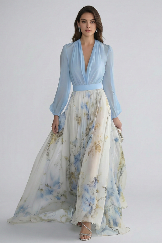 Quiro Floral Maxi Dress – V-Neck Sheer Sleeves, Fitted Waist, Flowing
