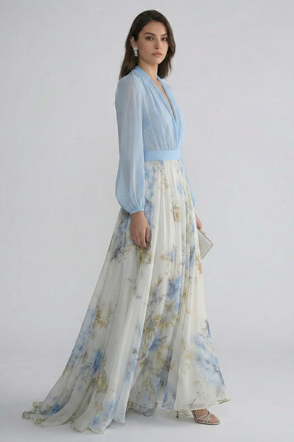 Quiro Floral Maxi Dress – V-Neck Sheer Sleeves, Fitted Waist, Flowing