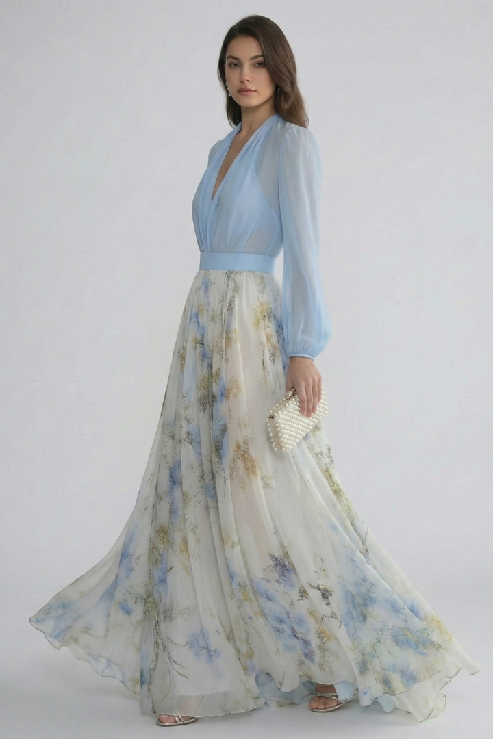 Quiro Floral Maxi Dress – V-Neck Sheer Sleeves, Fitted Waist, Flowing