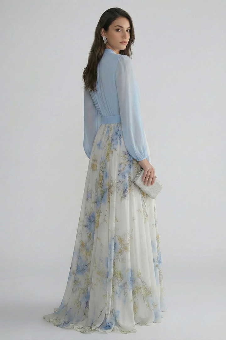 Quiro Floral Maxi Dress – V-Neck Sheer Sleeves, Fitted Waist, Flowing