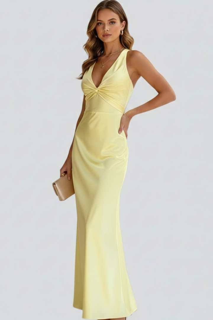 Quiro Sleeveless Maxi Dress with Deep V-Neck & Fitted Waist