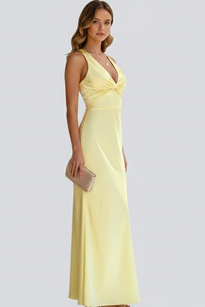 Quiro Sleeveless Maxi Dress with Deep V-Neck & Fitted Waist