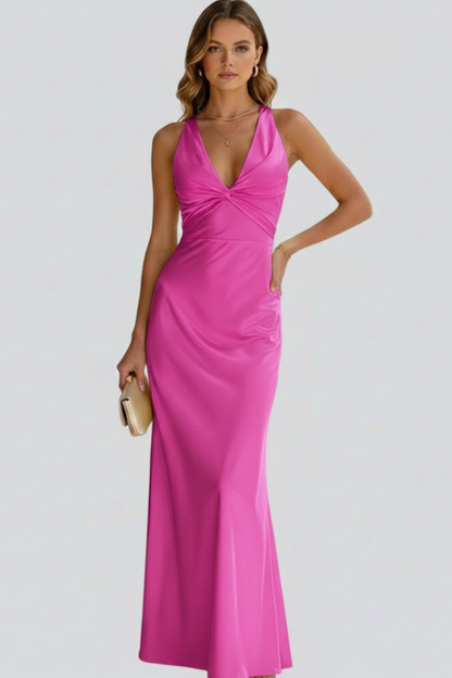 Quiro Sleeveless Maxi Dress with Deep V-Neck & Fitted Waist