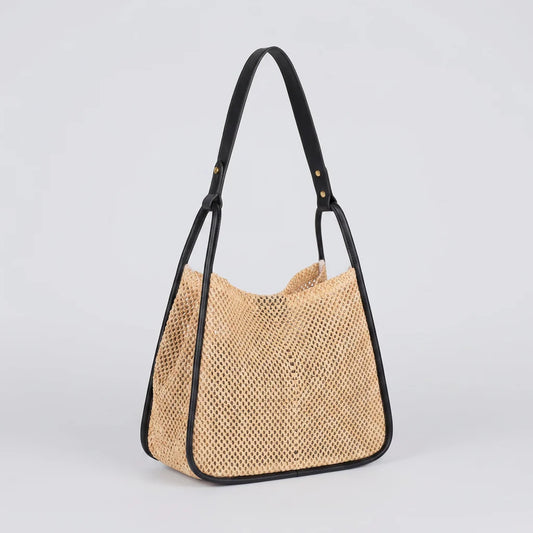 Celeste Straw Tote Bag with PU Leather Trim - Chic Summer Carryall